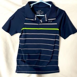 Boys Performance Vineyard Vines navy, white, and lime green striped shirt size 4